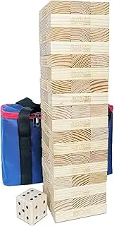 Jac & Mok Giant Tumble Tower Wooden Toppling Blocks Game set,Stacking Timber Games with Carrying Bag (54 pcs Large Tumble Tower with Dice)
