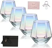 Diamond Wine Glasses Set of 4,Stemless Diamond Shape 10 Oz Modern Stemless Gold Rim Glass Cups Iridescent Drinking Glassware for Whiskey, Cocktail, Mixed Wine, Soft Drink, and More