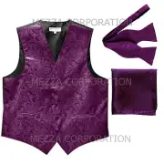 New Men's purple vest Tuxedo Waistcoat self tie bow tie and hankie set party