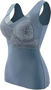 [Generic] Women Fleece Undershirt Sleeveless Thermal Shirts with Non Detachable Built in Bra V Neck Vest Fleece Lined Underwear Thermal Tank Tops Lace Underwear Thermal Top and Bottom Set