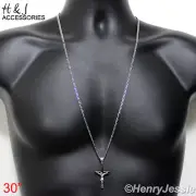 30"Stainless Steel 3mm Silver Cuban Curb Chain Necklace Jesus Cross Pendant*P62