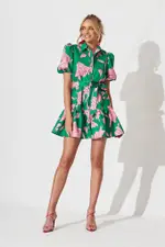 Women's Party Fione Shirt Dress Short Sleeve in Green With Pink Floral 16