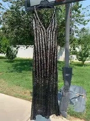 NWT $520 Aidan Mattox Fully Beaded Black Ombre Halter Gown [ SZ 12 ] #E976