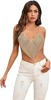[Generic] Women Sexy Shiny Mesh Drill Tank Top Deep V Neck Halter Metal Body Chain Crop Top Shirt for Night Club Party Rave Outfit