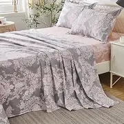 [Brandream] Full Size Sheets Cotton Bed Sheet Set Sets French Toile Floral Sheets Pink Grey Bed Sheet Set Deep Pockets 18 Inch 4 Piece