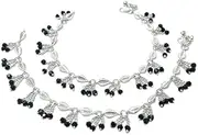 [Duel On Jewel] Silver-Plated Women's Bell Anklet Pair – Elegant Leaf-Link Design with Dangling Black Bead Charm Clusters, 9.5-Inch Comfort Fit – Ideal for Bridal, Dance, Parties, Gifts & Everyday Wear,