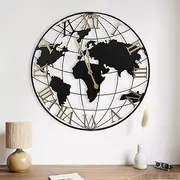 Gugxiom 24 Inch Large World Map Wall Clock Battery Operated, Roman Numeral Wall Clock, Metal Minimalist Modern Clock, for Office Kitchen Bedroom Living Room
