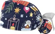 [WOSHJIUK] Working Hat 2 Pack Scrub Caps for Women,Festive Winter Pattern Christmas,Tie Back Cap Adjustable Scrub Hat