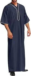 [Whyzsjnclg] Thobe for Men, Breathable V-Neck Polyester Kaftan for Men, Casual Muslim Mens Kaftan with Long Sleeves for Daily Life