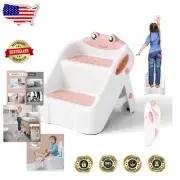 Foldable Kids Step Stool for Bathroom, Kitchen, and Bedroom - Pink Frog Design