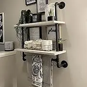 ROGMARS White Industrial Pipe Shelves Shelving,Kitchen Floating Shelves 24",Bathroom Wall Shelf with Towel Bar Hooks Coffee Bar Shelf Wine Hanging Shelves for Wall Decor,Living Room Bedroom Kitchen