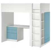 SMÅSTAD loft bed, white blue/with desk with 4 drawers, Single