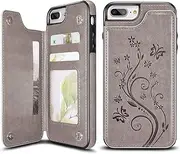 UEEBAI Case for iPhone 7 iPhone 8,Luxury PU Leather Case with [Two Magnetic Clasp] [Card Slots] Stand Function Butterfly Flower Pattern Durable Soft TPU Back Wallet Cover for iPhone 7/iPhone 8 - Grey