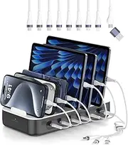 4smarts 100W USB C Charging Station for Multiple Devices, 6 Port Multi Device Fast Charging Hub, Office & Home Workstations for iPhone iPad Tablets Android Devices Space Grey (6 Cables Included)