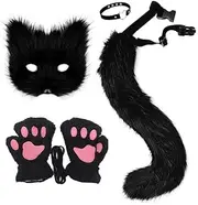 Faux Fur Fox Tail Cat Wolf Cosplay Costume Set Plush Mask Fluffy Paw Gloves Halloween Christmas Party for Girls (Black four piece set)