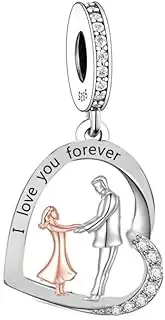 [Mon & Sons] I love You Forever Father Daughter Heart Dad Gift Charm Bead Pendant 925 Sterling Silver Dangle Compatible With Pandora Charm Bracelet, Metal