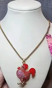 Betsey Johnson Red Crystal Rooster Pendant Necklace W/ Egg & Spatula Earrings