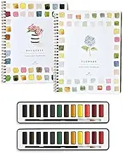 CyperEver 2 Pack Watercolour Workbook for Beginner – 12 Colors Watercolour Paint Set with Brush, Flower-Themed Water Colouring Book Paint Set for Adults & Teens (Flowers & Bouquets)