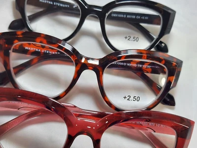NEW 3 Pairs +2.50 5 1/2" Wide Cat Eye Martha Stewart Reading Glasses NO BOX