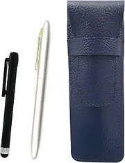 SASL-ALB-TK11-P Grain Leather Pen Case Blue Metal Touch Stick Black with Brass Dacapo Clip Ballpoint Pen Set Pearl Shaft