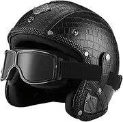 Vintage Motorcycle Open Face Helmet Leather Jet Motorbike Helmet with Personalized Goggles 3/4 Helmet for Adult Men Women Street Racing Motorcycle DOT/ECE Approved
