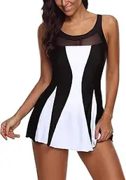 [American Trends] Womens Swimsuits One Piece Swimsuit Tummy Control Swimwear Swimdress Slimming Bathing Suit for Women Swim Dress Black White XL