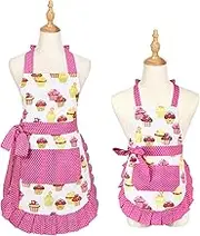 2 Pack 100% Cotton Parent and Child Aprons, Cupcake Pattern Cute Baking Apron Adjustable Kitchen Apron for Women and Children Daughters Little Girls
