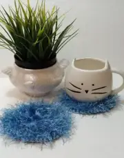 LOT 2 OOAK Coasters 5" ROUND unique Handmade Crocheted FUZZY blue