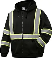 [SKSAFETY] High Visibility Reflective Hoodies for Men, Class 3 Safety Sweatshirts with Pockets, Hi Vis Zipper Black Sweatshirt