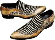[Generic] Oxford for Men Formal Shoes Slip On StyleGenuine Leather Party Zebra Texture Metaldecor Pointed Toe Low Top Block Heel