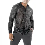 Men's Shiny Sequined Mesh Top, 60s 70s Disco Dance Shirt black M