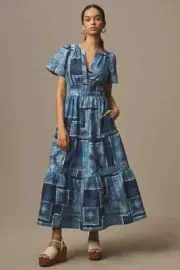 Anthropologie The Somerset Maxi Dress Patchwork Bandana Print Blue Size XS NWT