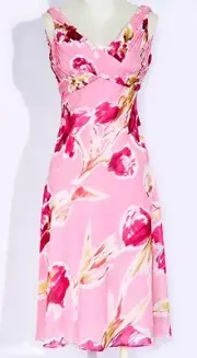 NWT ADRIANNA PAPELL PINK FLORAL V-NECK LINED ZIP UP TAFFETA EMPIRE WAIST DRESS 4