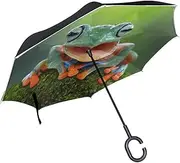 Double Layer Inverted Umbrella Cars Reverse Umbrella Laughing Tree Frog Funny Windproof UV Proof Travel Outdoor Umbrella