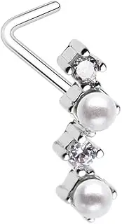 [Pierced Owl] 20GA 316L Stainless Steel CZ Crystal and Synthetic Pearls Zig Zag L-Bend Nose Stud