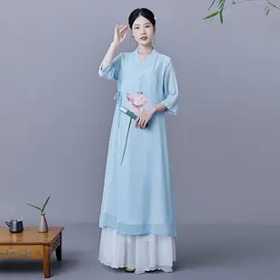 茶藝服裝禪服茶服女改良唐裝古風女裝日常漢服中國風旗袍連衣裙夏