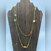 90's Stone Dainty Necklace Pink Quartz Jade Agate Gold Tone Single Strand Estate