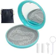 Retainer Case,Aligner Case with Mirror,Round Retainer Holder with Aligner Remover Tool, Chew & Brush,Rope Bag Sets (Cyan Outside Gray Inside)