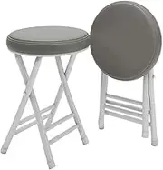 2Pcs Round Folding Stool Simple Faux Leather Chairs Easy Storage Guest Seating Metal Frame Garden Stools,Grey