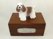 Beautiful Paulownia Wood Personalized Urn w/Brown-White Cocker Spaniel Figurine