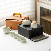 在飛比找momo購物網優惠-【Life shop】米黃汝窯旅行茶具組/附皮革收納包(交換