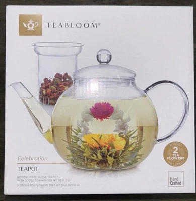 NIB Tea bloom Celebration Glass Teapot w/loose Tea Infuser 40 oz 2 Tea Flowers