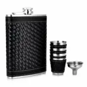 Gifts Hip Flask Set Woven PU Leather & Stainless Steel w/ Funnel + 4 Cups Father