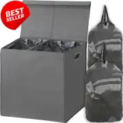 Simplehouseware 110L Double Laundry Hamper with Lid & Removable Bags (Dark Grey)