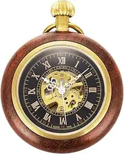 [ManChDa] Unisex Wooden Pocket Watch with Chain Analogue Hand Winding Skeleton Roman Numerals Pocket Watches + Gift Box