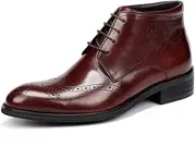 [Generic] Brogue Ankle Boot for Men High Top Boot Lace Up StyleGenuine Leather Carving Outdoors Round Toe Block Heel Men's Leather Shoes