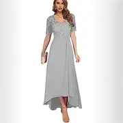 A-Line Mother of the Bride Dress Elegant Simple V Neck Asymmetrical Chiffon Short Sleeve with Solid Color 2025