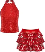 [Yhong] Sequins Tank Outfit for Kids Girls Sleeveless Shiny 2 Pcs Ruffled Set Evening Stage Prom Dress Set