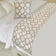 Decorative White Cotton King Bed Runner, Embroidered Bouclet - Threaded Geometry