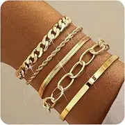 [TEN MIRO] 16k Gold Chunky Bracelet for Women Trendy, Dainty Gold Chain Bracelet Stack Non Tarnish Gold Bracelet Pack Chunky Layered Cable Rope Snake Chain Cuban Link Bracelet
